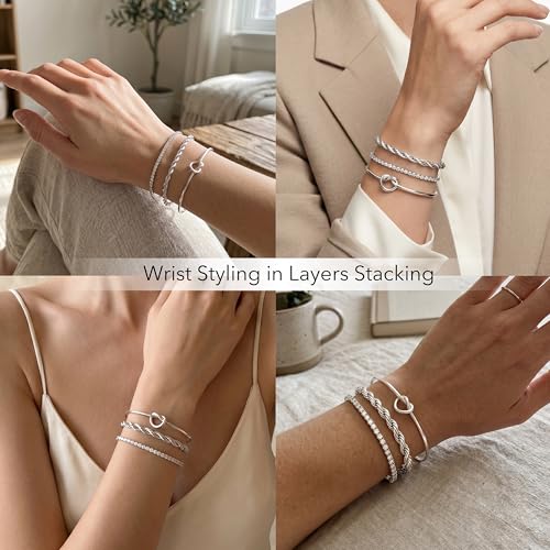 925 Sterling Silver Bracelets for Women Stack, Trendy Tennis Bangle Cuff Jewelry Set 14K Gold Plated, Adjustable Bracelet Set for Wrist Essentials, Women Fashion Watch Band Acecessories - style: Bracelet_3pcs(Dainty Tennis Set2-Silver)
