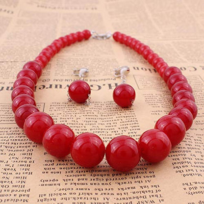 Handmade Faux Pearl Necklace and Clip on Earrings Jewelry Sets for Women Bib Choker Collar Necklace - color: Red-Necklace+Tassel Clip Earrings