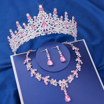 Crystal Crown and Tiara Jewelry Set for Women Bride with Necklace Earrings | Metal Rhinestone Royal Queen Princess Jewelry Set Wedding Quinceanera Pageant Prom Birthday Halloween Party Costume Gift - color: Silver Pink
