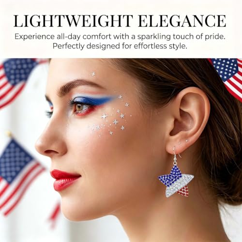 Go Ho 4th of July Earrings for Women, American Flag Red White and Blue Sparkly Crystal Dangle Earrings, Patriotic Jewelry Accessories - color: Star