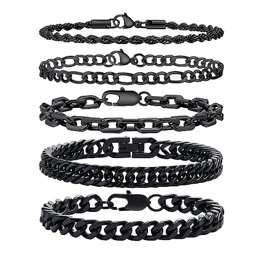 VNOX 5/7 Pcs Chain Bracelet for Men Women - Sturdy Stainless Steel Curb Width Cuban Link Chain Bracelet Set for Men Women,6.5/7/7.4/8.2/9 Inches - style: Black Link 1