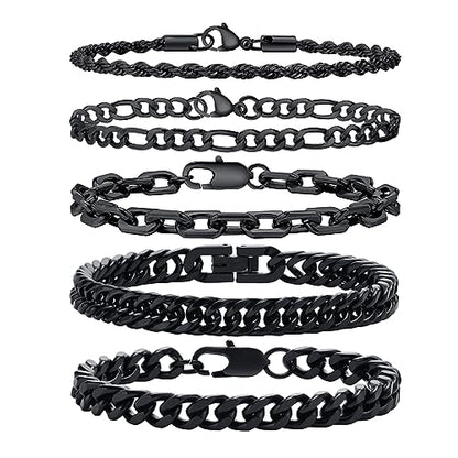 VNOX 5/7 Pcs Chain Bracelet for Men Women - Sturdy Stainless Steel Curb Width Cuban Link Chain Bracelet Set for Men Women,6.5/7/7.4/8.2/9 Inches - style: Black Link 1