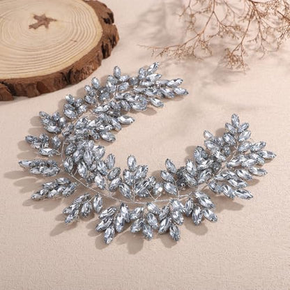 Missgrace Women Silver Green Black Red Blue Handmade Full Crystal Rhinestone Large Headband Hair Vine Shinny Headpiece Bridal Wedding Hair Accessories for Women (Mint blue) - color: Mint blue