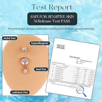 GAGABODY G23 Titanium Belly Button Rings Dangly Belly Ring Navel Piercing Ring Belly Piercing Jewelry 14G 3/8 inch 10mm Navel Barbell CZ - color: Gold+Dangly Waterdrop Shape Clear ABCZ