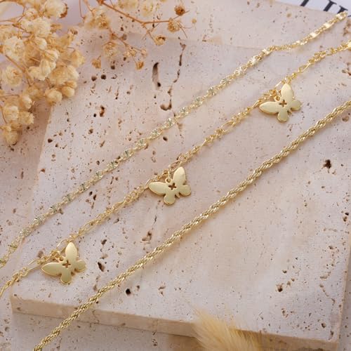 Rotnso Anklets for Women 14K Gold Silver Plated Ankle Bracelets Trendy Waterproof Boho Anklets Set Adjustable Dainty Cute Diamond Beaded Heart Non Tarnish Summer Beach Jewelry Gift - style: 3Pcs Sequin&Rope&Butterfly-GD