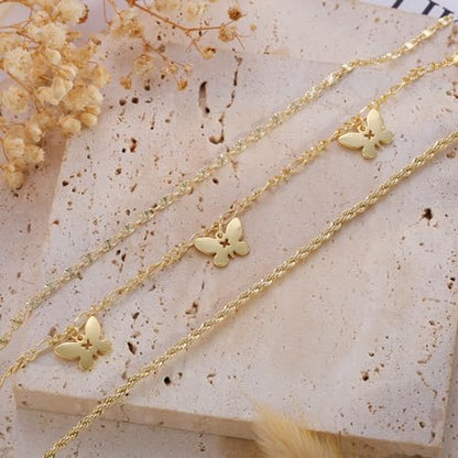 Rotnso Anklets for Women 14K Gold Silver Plated Ankle Bracelets Trendy Waterproof Boho Anklets Set Adjustable Dainty Cute Diamond Beaded Heart Non Tarnish Summer Beach Jewelry Gift - style: 3Pcs Sequin&Rope&Butterfly-GD