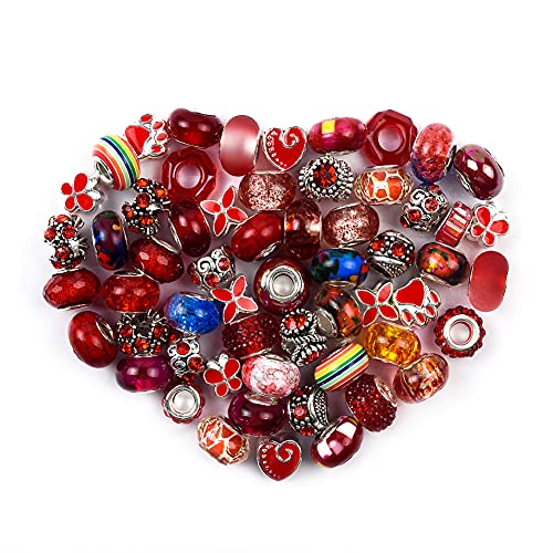 Aipridy European Large Hole Beads, Colorful Glass Charm Beads Set, Assorted Patterns and Designs Rhinestone Craft Beads for DIY Bracelet Jewelry Making (60, Siam Resin+Alloy) - color: Siam Resin+Alloy