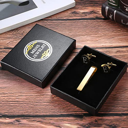 LOYALLOOK Black Initial Cufflinks and Tie Clip Set for Men Personalized Copper Cuff links and Tie Bar Letter Alphabet A-Z Gift for Father Husband Valentine Gifts for Men - color: E