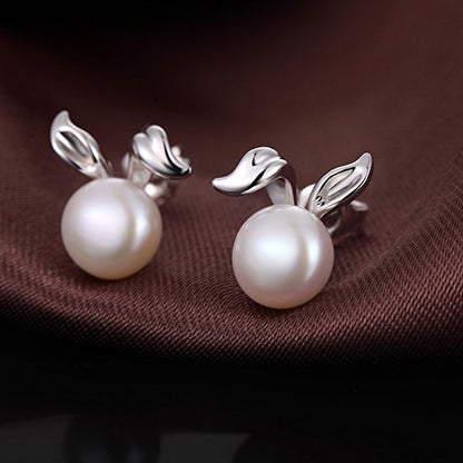 Han han Pearl Stud Earrings for Women 925 Sterling Silver, Pearl Jewelry Gift for Women 8MM-13MM - style: D-Rabbit Pearl Studs-8mm