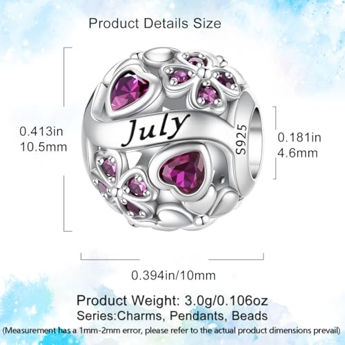 HappyStar 925 Sterling Silver Four Leaf Clover Bead Charm with Cubic Zirconia Birthstone Charms for Bracelets Dangle Pendant Compatible Pandora Bracelets Lucky Charm Birthday Gift - color: 7-July Birthstone Bead