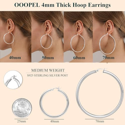 4mm Thick Gold Chunky Earrings Steling Silver Post Hoops Earrings For Women Hollow Tube Hoops Earrings Thick Gold Hoop Earrings Hypoallergenic Lightweight Gold Hoop Large Earrings 20/30/40/50/60MM - color: Silver,70mm
