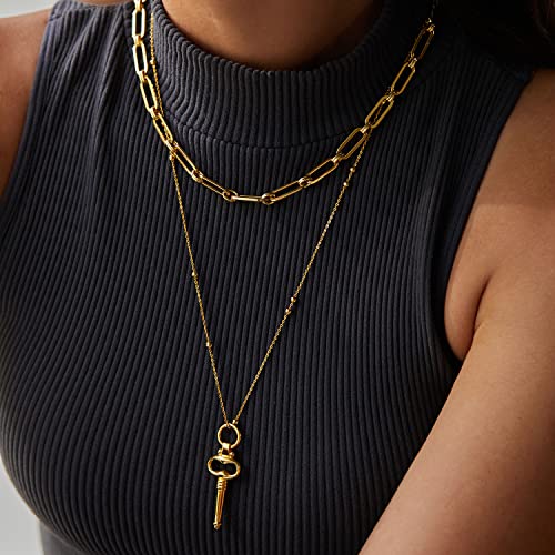 FRUMOS Dainty Layered Choker Necklace 18k gold Plated Y Pendant Commemorative coin Necklace Multilayer Bar Disc Necklace Adjustable Layering Choker Necklaces fashion jewelry for Women Girls - color: Gold key Pendant