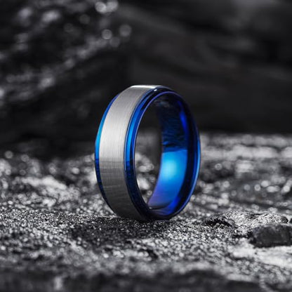 King Will Mens Brushed Wedding Band, Two Tone Matte Step Edges/Pipe Cut, Tungsten Carbide Anniversary Promise Rings Comfort Fit - color: Silver&Blue-8mm