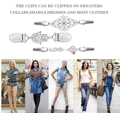 Vintage Sweater Clips Shawl Dresses Shirt Clips Retro Cardigan Collar Chain Clips Brooch Pins for Women - style: Style 14