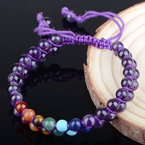 MASSIVE BEADS Double Layer Natural Chakra Healing Power Crystals Macrame Bracelet Yoga Stone Beads Gemstone Meditation Relax Anxiety Bangle for Unisex Women Men - color: 7-Chakras&Amethyst, size: 6mm