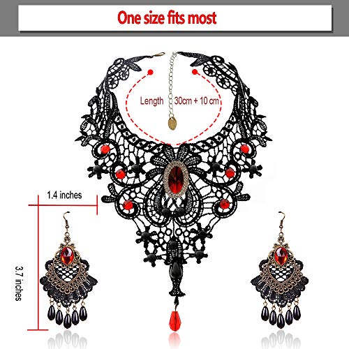 Black Lace Necklace and Earrings Set, Gothic Lolita Red Pendant Choker for a Halloween Costume and Wedding