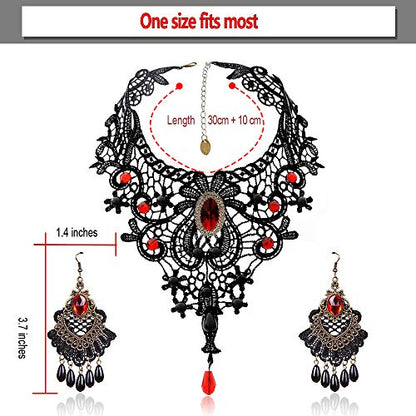 Black Lace Necklace and Earrings Set, Gothic Lolita Red Pendant Choker for a Halloween Costume and Wedding