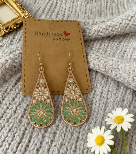 Bohemian Crystal Teardrop Dangle Earrings, Copper, Tribal Geometric Design, Handmade National Style for Women - color: Emerald green