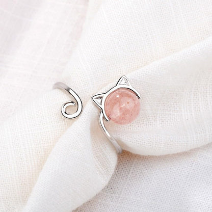 Adjustable Leaf Stackable Rings for Women Cubic Zirconia Stones Blue Leaves Purple Flower Open Band Stacking Finger Sliver Rings Fashion Plant Floral Aesthetic CZ Jewelry - color: pink cat