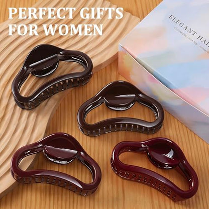 4 Pack Heart Hair Clips, 4.5" Large Durable Trendy Hair Claw Clip with Bead & Butterfly Spring, Premium PC Material Cozy Fashion Hair Claw for Thick Hair, Gift Set for Women Girls, Daily Wear - color: Classic Color 6: Wine Red and Brown