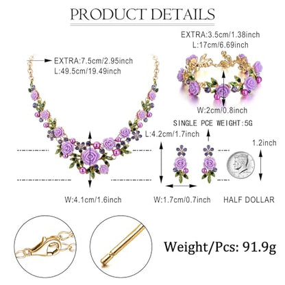 EVER FAITH Costume Jewelry Crystal Simulated Pearl Rose Flower Leaf Prom Party Statement Necklace Earrings Bracelet Set for Women - color: Purple Gold-Tone