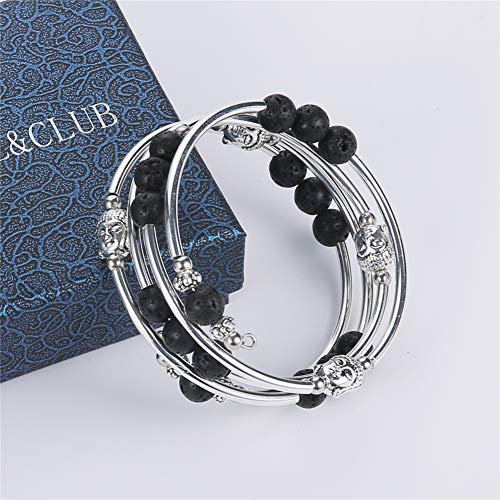 PEARL&CLUB Beaded Chakra Bangle Turquoise Bracelet - Fashion Jewelry Wrap Bracelet with Thick Silver Metal and Mala Beads, Birthday Gifts For Women - color: 58-lava bead