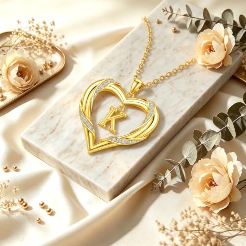 Midari 18K Gold Initial Letter Necklace for Women 18K Gold Initial Heart Capital Monogram Necklace for Mom Wife Alphabets from A-Z - color: K