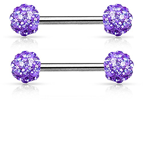 Pierced Owl - 14GA Stainless Steel Crystal Paved Ferido Balls Nipple Barbells, Sold as a Pair - style: Purple