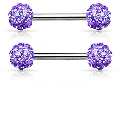 Pierced Owl - 14GA Stainless Steel Crystal Paved Ferido Balls Nipple Barbells, Sold as a Pair - style: Purple