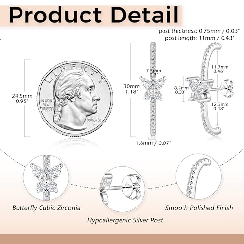 CZ Suspender Cuff Stud Earrings Wrap Earlobe Silver Post Cubic Zirconia Minimalist Jewelry for Women - color: Silver Butterfly CZ
