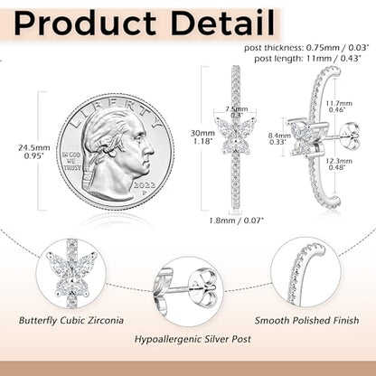 CZ Suspender Cuff Stud Earrings Wrap Earlobe Silver Post Cubic Zirconia Minimalist Jewelry for Women - color: Silver Butterfly CZ