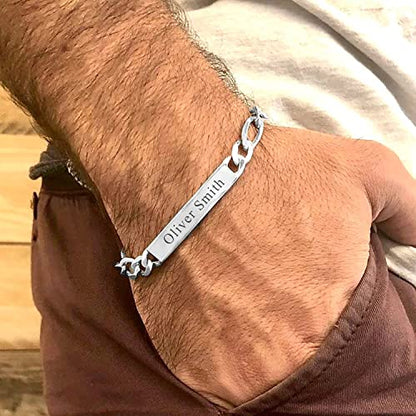 LeCalla Personalized Customised Engraved Name Men's Figaro Chain ID Bracelet in 925 Sterling Silver Personalized Custom Birthday Christmas Fathers Day Jewelry Gift for Dad Husband - color: Thickness 7.5 mm