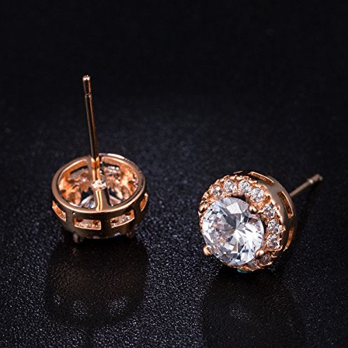 MDFUN Halo Stud Earrings 18K Gold Plated 5A+ Cubic Zirconia Round Earrings Hypoallergenic Ears Jewelry for Women Men - color: Rose Gold
