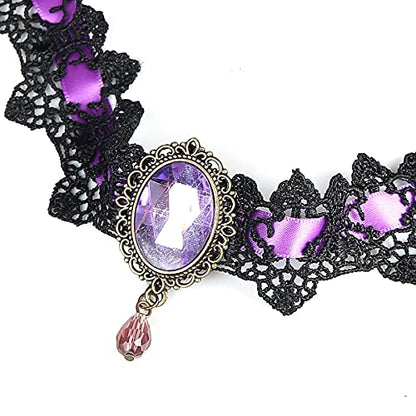 Dainty Black Lace Crystal Choker Necklace Lace Gothic Choker for Women for Halloween Weeding Costume Party Prom Vampire Choker - color: Purple