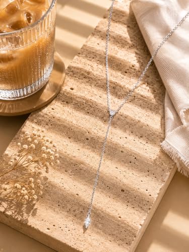 14K Gold Plated Layered Lariat Necklace for Women - Waterproof Non-Tarnish Dainty Gold Chain Necklace, Long Boho Statement Jewelry for Wedding, Prom, Summer Vacation Gifts - color: Two CZ Y Necklace-Silver