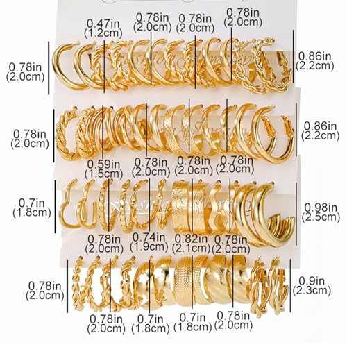 IFKM 24 Pairs Gold Hoop Earrings Set for Women Hypoallergenic Chunky Chain Twisted Open Hoops Dangle Earring Packs for Birthday Party Christmas Fashion Jewelry Gift - color: 24 Fashion gold