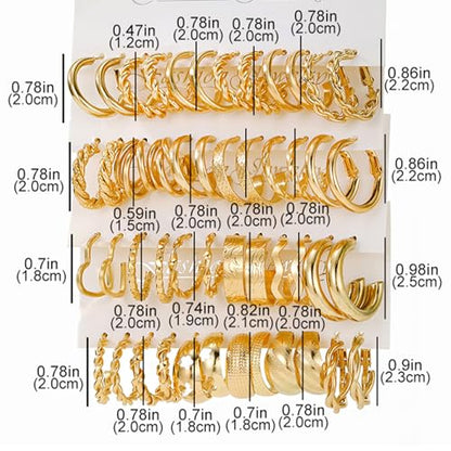 IFKM 24 Pairs Gold Hoop Earrings Set for Women Hypoallergenic Chunky Chain Twisted Open Hoops Dangle Earring Packs for Birthday Party Christmas Fashion Jewelry Gift - color: 24 Fashion gold