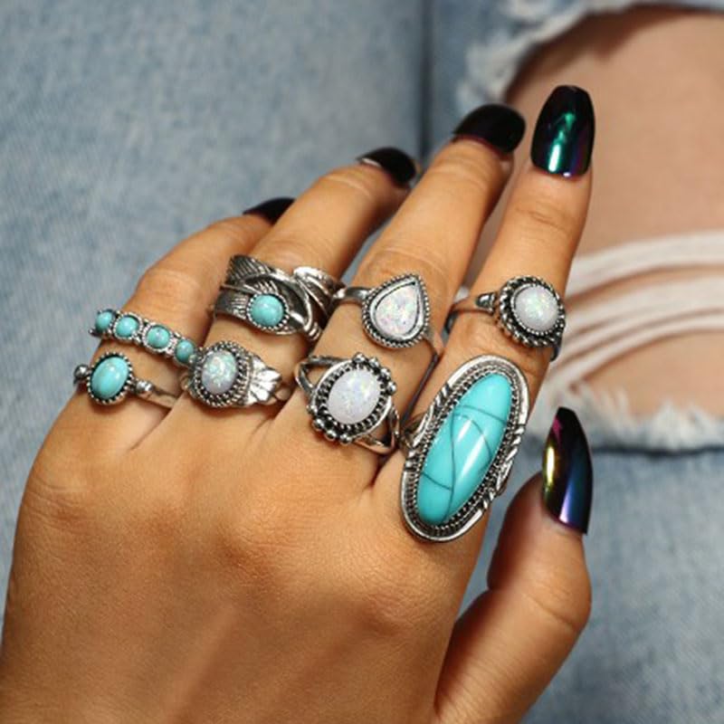 Airvess Vintage Knuckle Rings Set, Chunky Turquoise Stackable Rings, Silver Joint Finger Stacking Rings, Bohemian Western Jewelry for Women - style: 8 Pcs