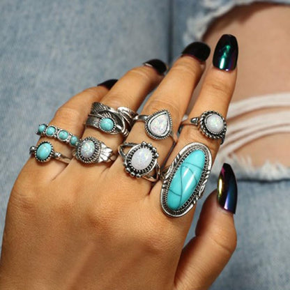 Airvess Vintage Knuckle Rings Set, Chunky Turquoise Stackable Rings, Silver Joint Finger Stacking Rings, Bohemian Western Jewelry for Women - style: 8 Pcs