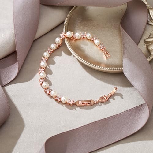 EVER FAITH Cubic Zirconia Pearl Bridal Prom Tennis Bracelet for Women | Elegant Pear CZ Wedding Jewelry Gift, for Bride Bridesmaid - style: Marquise_Rose Gold-Plated-Brass