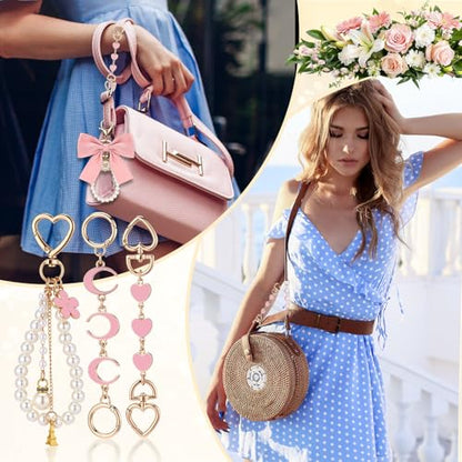 Sureio 5 Pcs Bag Extender Chain Pearl Purse Chain Ribbon Bow Keychain Extender Bag Strap Purse Charms Accessories for Handbag - color: Gold and Pink