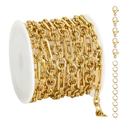 UMAOKANG Gold Plated Stainless Steel Paperclip Chain for Jewelry Making | 2 Meters PVD Gold Plating Jewelry Making Chains Bulk Necklace Bracelet DIY Supplies Findings - color: Paperclip (Gold)