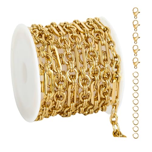 UMAOKANG Gold Plated Stainless Steel Paperclip Chain for Jewelry Making | 2 Meters PVD Gold Plating Jewelry Making Chains Bulk Necklace Bracelet DIY Supplies Findings - color: Paperclip (Gold)