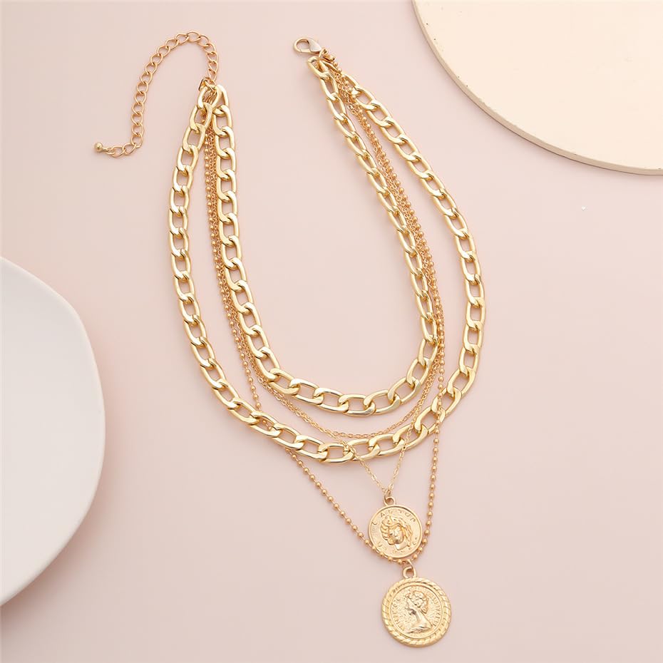 Todenb Layered Gold Pirate Necklace for Women Chunky Chain Pirate Jewelry 80s 90s Coin Pendant Necklace Pirate Costume Accessories - color: Two cir g