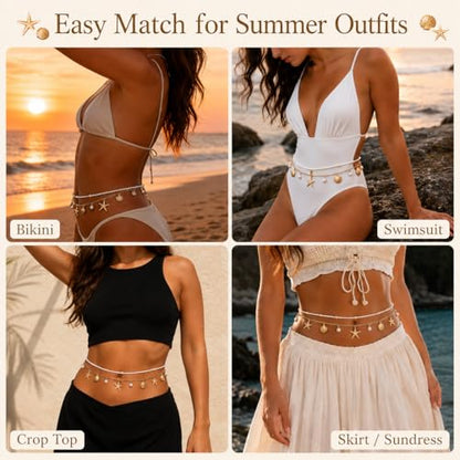Gold Chain Belt for Women, 14K Gold Plated Layered Pearl Shell Belly Chain, Adjustable Gold Waist Chain and Beach Waist Chain Body Jewelry for Bikini Summer Outfits - color: Pearl Platinum