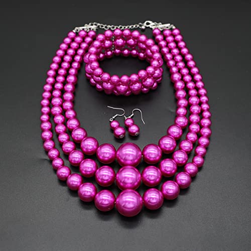 Big Chunky Pearl Necklace and Earrings Set Large Costume 1920s Faux Pearls Gatsby Accessories - color: A-Fuchsia