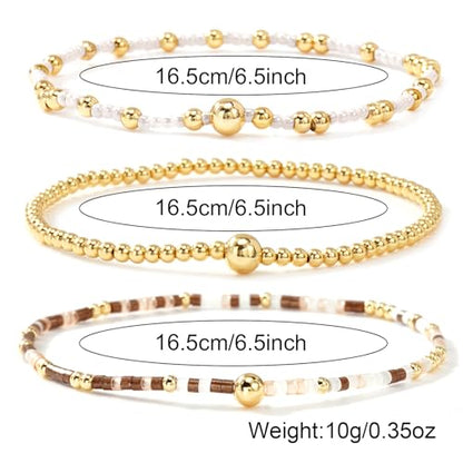 Gold Beaded Bracelet Stack for Women Colorful Small Seed Beads Bracelets Set Boho 14K Gold Plated Ball Stackable Stretch Non-Tarnish Dainty Jewelry Trendy Accessory Friendship Gift - color: brown and white