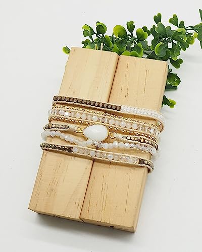 Bracelet for Women – Handmade Vegan Boho Natural Stone Layered Bracelet, Thailand Bohemian Stackable Beaded Wrap Bracelets, Summer Hippie Bracelet Stack, Fashion Jewelry Gifts - color: A1-Off White