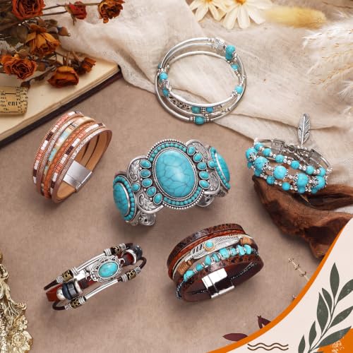 6 Pcs Turquoise Bracelet for Women Leather Bracelet Western Jewelry for Women Multilayer Boho Cuff Bangle Set - style: Retro