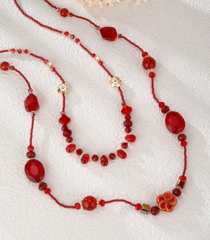 FULU AUTUMN Long Layered Beaded Necklaces for Women Statement Double Bead Strand Ceramic Flower Boho Jewelry Gifts for Mom - color: Red